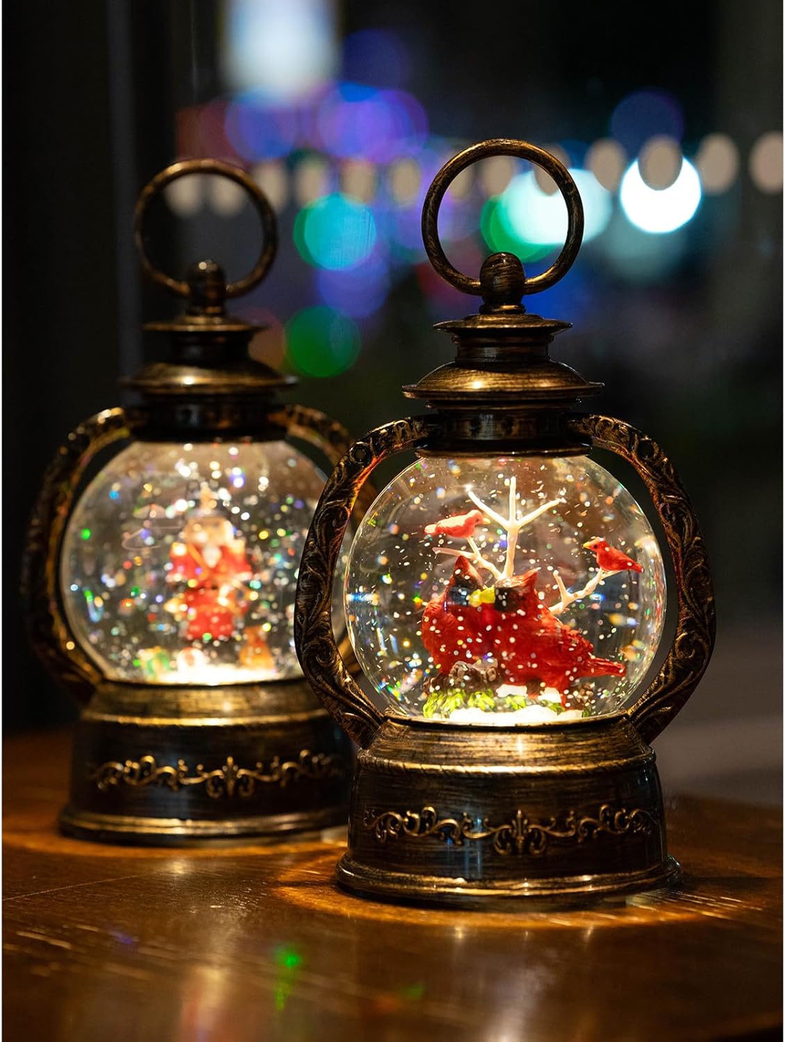 Christmas Snow Globe Lantern Water Glittering Cardinal with Music, USB Lined/Battery Operated Lighted Lantern for Christmas Festival Decoration Gifts