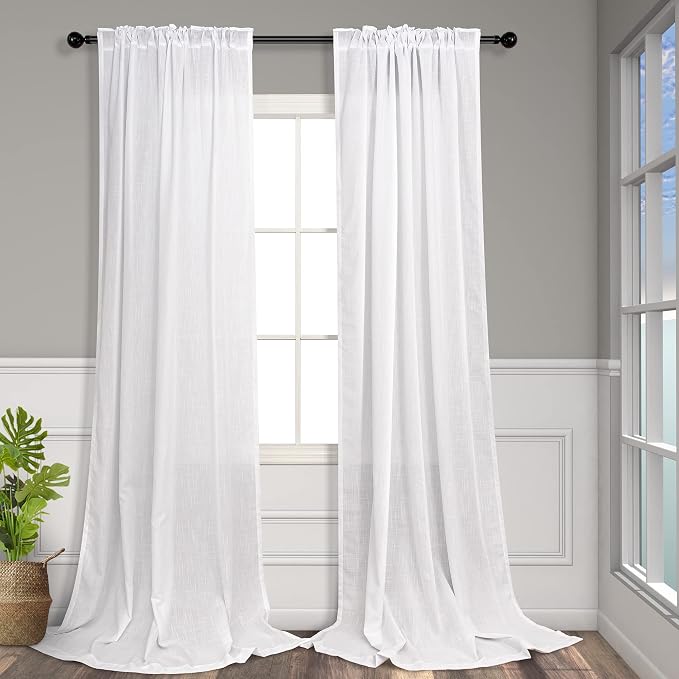 Linen White Curtains 98 Inches Long for Living Room Bedroom Modern Farmhouse Boho Back Tab Pocket Pleated Semi Sheer White Drapes Privacy Light Filtering Curtain 98 Inch Length for Nursery Laundry