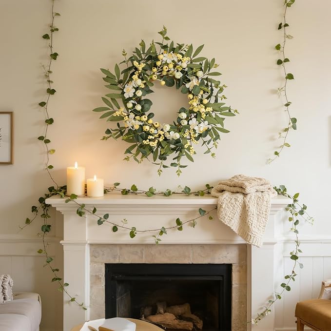 20 Inch Summer Wreaths for Front Door, Spring Summer Eucalyptus Wreath - White Berry Artificial Floral for Front Door, Porch, Home Decor, Farmhouse Wall Window Decorations