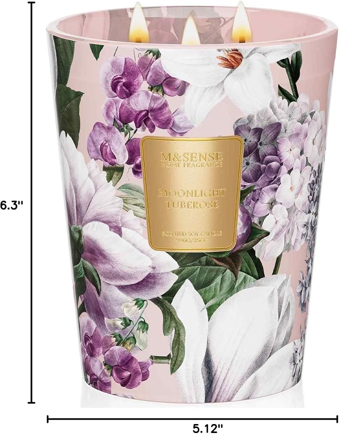 M&SENSE Moonlight Tuberose Soy Candle, 35oz 3 Wick, Night Self Care Gift | 150H Long Burn, Non-Toxic, Large Jar, Bathtub Relaxation, Bedroom Calm, Stress Relief, Meditation, Romantic Evening Candle