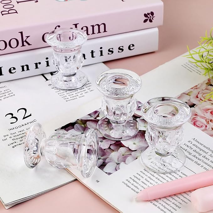 Glass Taper Candle Holder Set of 12 - Clear Crystal Candlestick Holders for Tapered Candles, Elegant Candle Stick Holder Set for Wedding Party Christmas Thanksgiving Festival (12, Transparent)