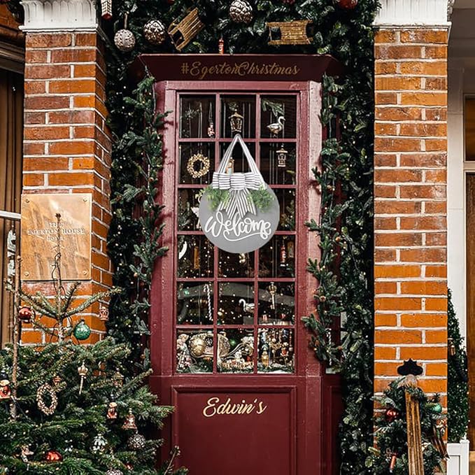 Welcome Sign for Front Door Wreath Decorations for All Seasons Front Porch Decor Hanging Gift for Farmhuose Home Outdoor Indoor (Gray-Welcome)