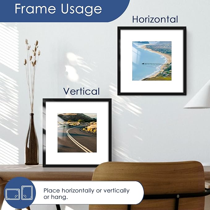 PEALSN 12x12 Picture Frame Set of 6, Display Pictures 8 x 8 with Mat or 12 x 12 without Mat for Wall Mounting Display, Photo Frames Collage for Wall Decor, Black.