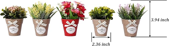 LUEUR Set of 6 Potted Artificial Flowers Fake Flowers with Vase Faux Flowers in Pot, Spring Decor for Home Office Floral Arrangement for Table Dinning Room Decoration Shelf Decor