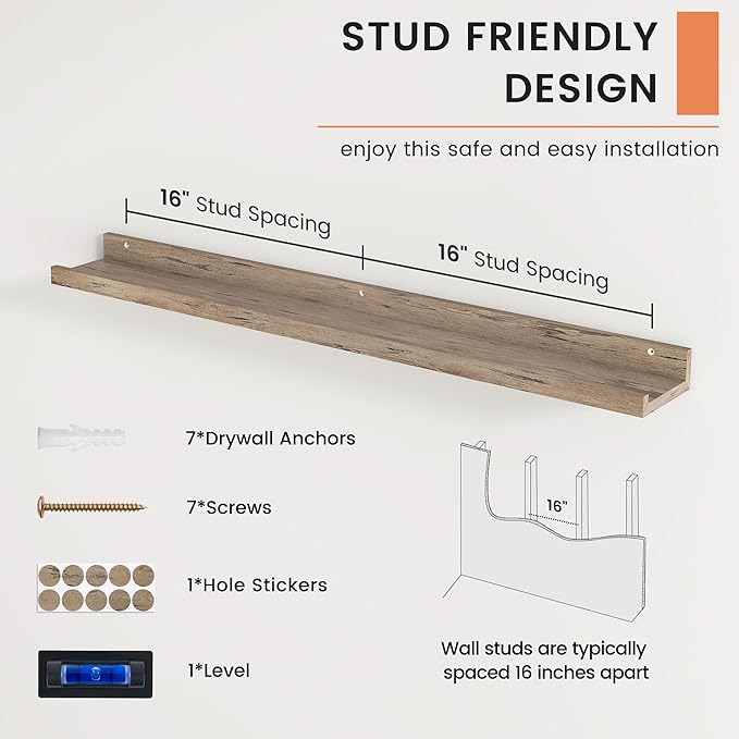 FLYJOE Picture Ledge Shelf, Floating Shelves Set of 2, 36 Inches Long Large Nursery Book Shelves for Toys Storage, Kids Bookshelf Wall Mounted for Living Room Bedroom Decor Books Photo Frames, Grey