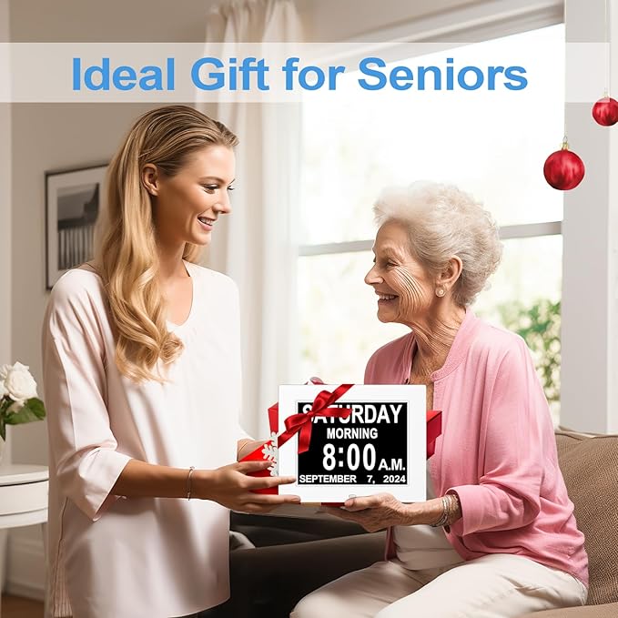New 2026 Digital Calendar Alarm Day Clock, with 8" Large Screen Display, am pm, Multiple Alarms, for Impaired Vision People, The Aged Seniors, The Dementia, for Desk, Wall Mounted,White