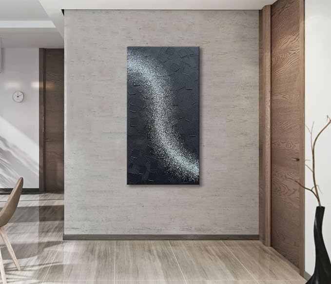 zoinart Handmade Large Glittery Crystal Canvas Wall Art, 24x48 Inches Black Abstract Modern Oil Paintings, Textured Contemporary Wall Art Ready to Hang