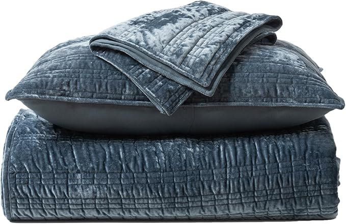 EVERGRACE Luxury Ruched Velvet Quilt King Size, Ultra Soft Bedspread Coverlet Set, Lightweight Velvet Comforter, Quilted Bedding Cover with 2 Matching Shams for All Season, Stormy Blue