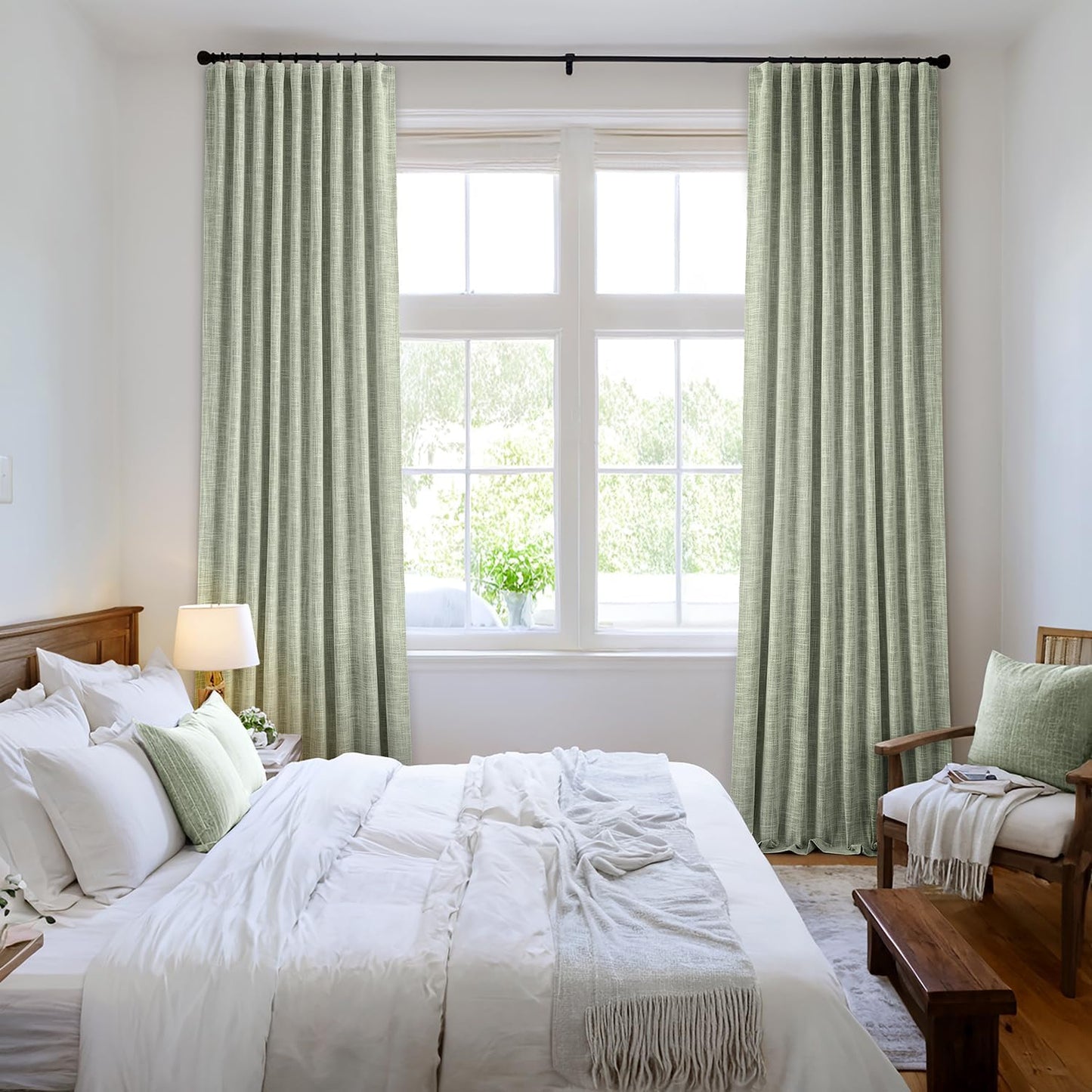 MIULEE Sage Green 100% Blackout Linen Curtain 96 Inch 2 Panel Set Double Sided No Coating Pinch Pleated Back Tab Floor to Ceiling Black out Thermal Insulated Bedroom Living Room Darkening Window Drape