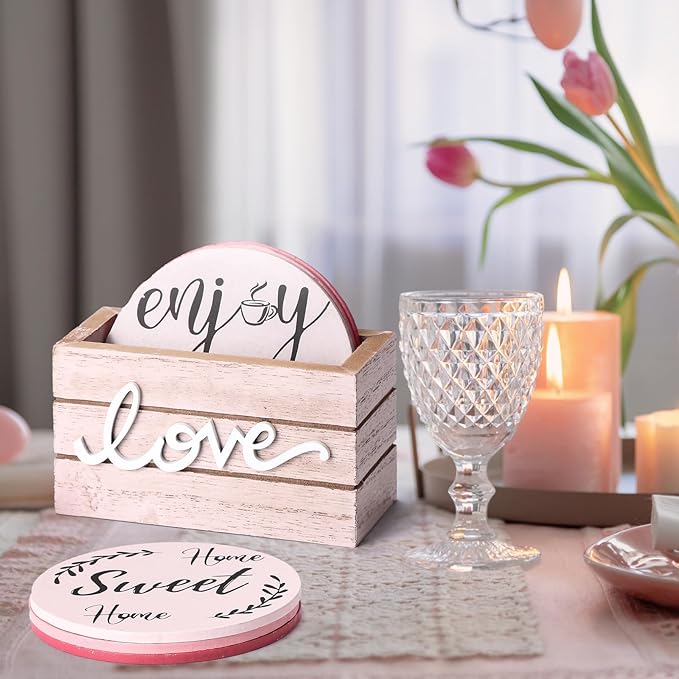 Queekay Coasters Set of 6 House Warming Gifts New Home Wooden Farmhouse Drink Coasters with Holder 4'' Funny Decoration for Kitchen Family Coffee Bar Tabletop Protection(Pink)