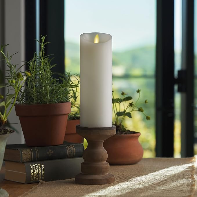 Luminara Realistic Moving Flame LED Candle (3"x8.5") Scalloped Edge Smooth Finish Real Wax Pillar, Battery Operated (2 C) 600 Hr Runtime, Timer, Remote Ready, Unscented - White