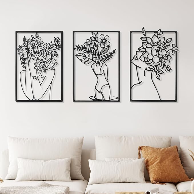 CHENGU 3 Pieces Metal Minimalist Abstract Woman Wall Art Line Drawing Wall Art Decor Single Line Female Home Hanging for Kitchen Bathroom Living Room