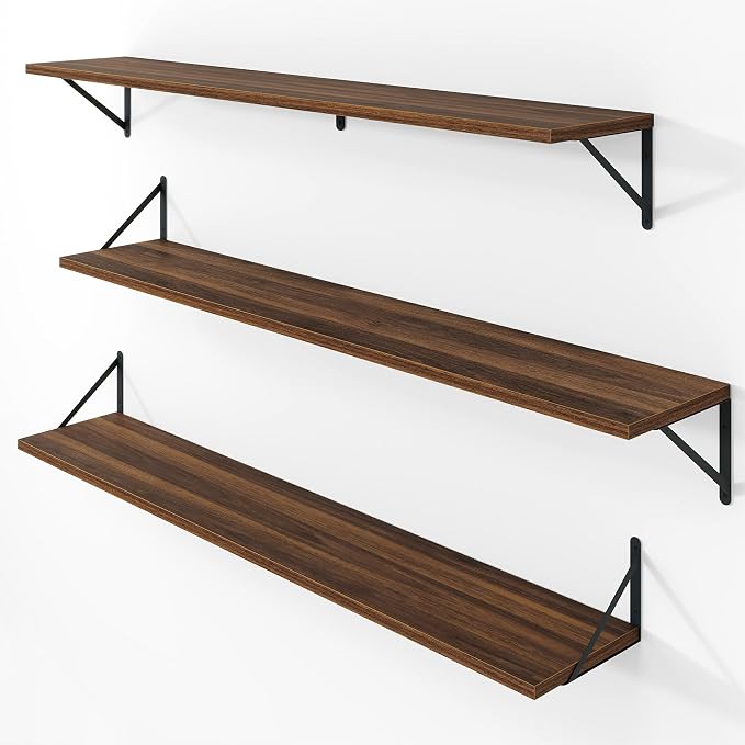 Vivelove 8 Inch Deep Floating Shelves for Wall, 48W x 8D Wood Wall Shelves Set of 3, Walnut Wide Floating Bookshelf for Living Room, Kitchen, Office, Bedroom, with Black Metal Bracke - Walnut
