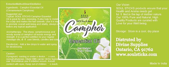 SOUL STICKS Natural Camphor Essential Oil 4 Fl Oz (120ml) 100% Natural Camphor Oil with Glass Dropper for Aromatherapy, Puja, Massage, Skin Care