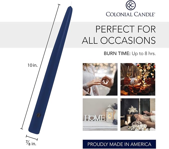 Colonial Candle Unscented Taper Candle, Handipt Collection, Indigo, 10 In, Pack of 12 - Up to 8 Hours Burn