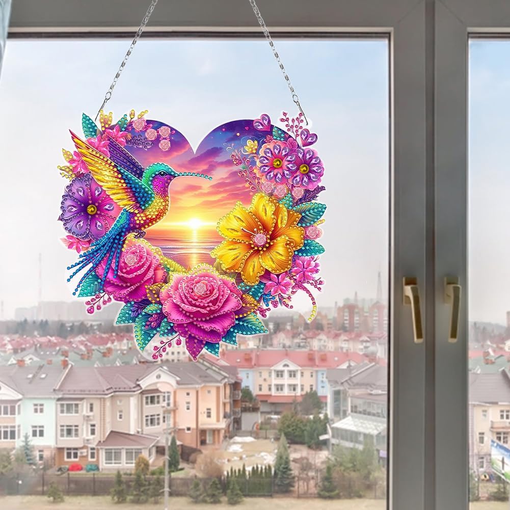 Flowers Hummingbird Diamond Art Kits,5D Diamond Hanging Ornament Kits,DIY Special Shaped Diamond Dot Kits,Home Porch Crystal Hanging Pendant Ornament (Colorful2)