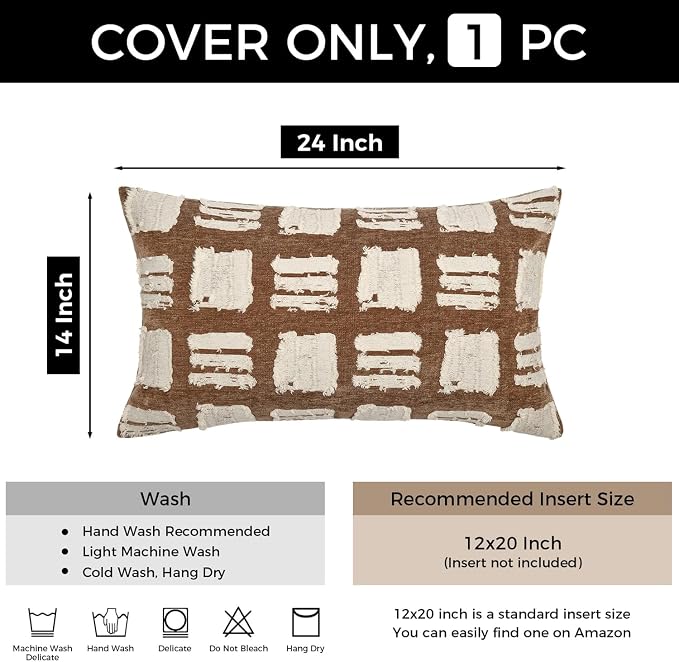 Decorative Boho Body Pillow Cover 14x24, Brown White Abstract Grid Lumbar Pillow Covers, Farmhouse Pillows Cushion Cover for Bed Sofa Bedroom Living Room