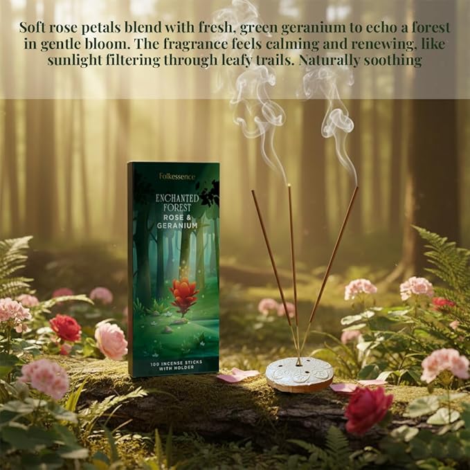 Folkulture Incense Sticks with Holder (100 Sticks)| Rose & Geranium Incents Stick for Aromatherapy, Relaxation | No Charcoal,Organic,Non Toxic, 45 Mins, Slow Burning Insence-Sticks - Forest Inspired