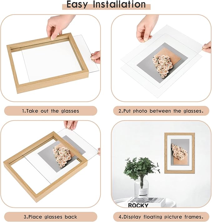 MUYE 8x10 Floating Frame Set of 2,Double Glass Rustic Photo Frame for Wall Hanging or Tabletop Standing,Display Any Size Photo up to 8x10,Natural