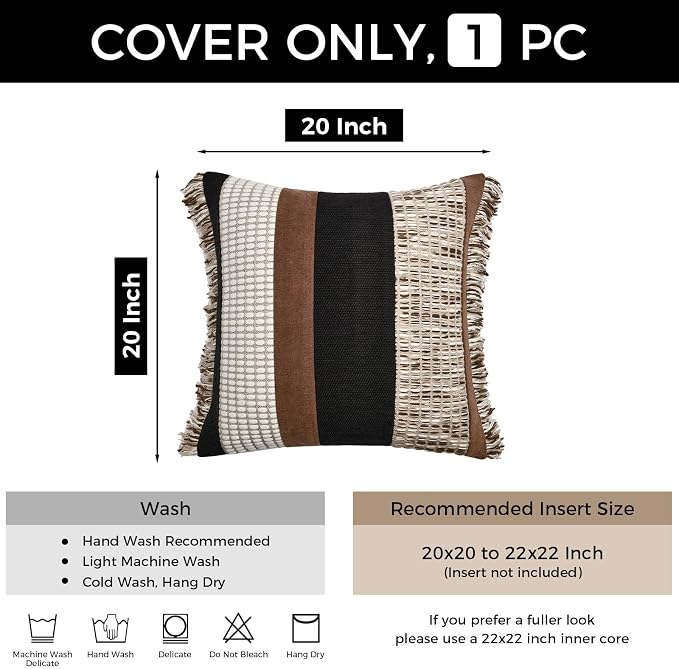 Black Boho Throw Pillow Covers 20x20 inch | Modern Accent Square Pillows Cover for Couch Bed Living Room Decorative