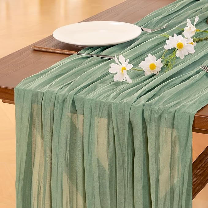 Socomi 10pcs Sage Green Cheesecloth Table Runner Easter Spring Boho Rustic Gauze 120 inch 10FT Cheese Cloth Runner for Wedding Party Baby Shower Home Decor Holiday Decorations