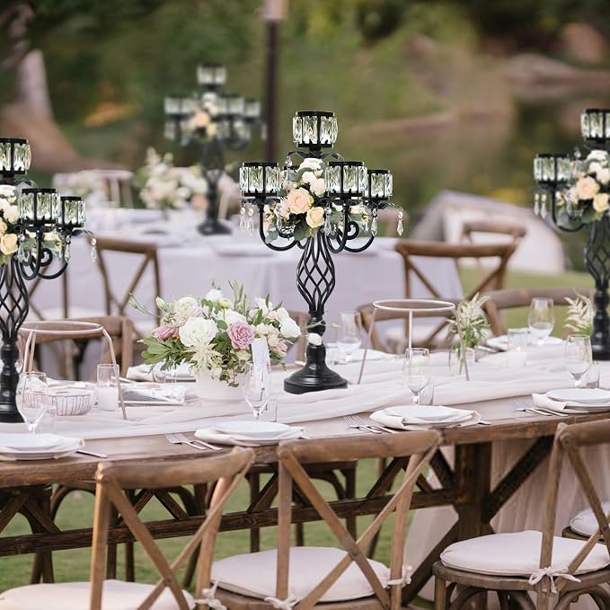 23.2 inch Tall Elegant and Chic 5 Arm Pendant Crystal Candlestick Holder Table Decoration tealight Candle Holder, Candelabra for Gorgeous Wedding/Parties Table Centerpiece (4, Black)