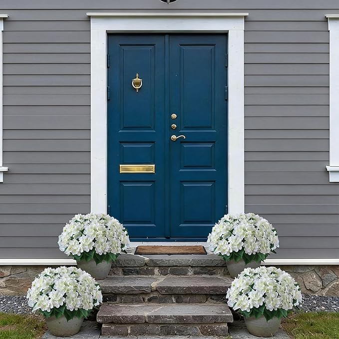 FOTEEWL 16 Bundles Artificial Hydrangea Flowers for Outdoor Decor, Realistic Faux Silk Bouquets Sun-Resistant Fake Plants for Front Door Balcony Farmhouse Garden Home Spring Summer Decor (White)