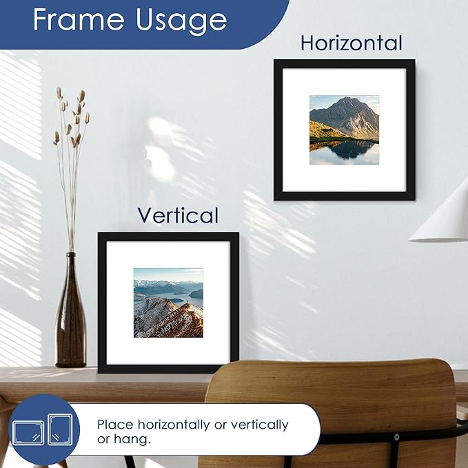 PEALSN 8x8 Picture Frame Set of 6, Display Pictures 5x5 with Mat or 8x8 without Mat for Wall Mounting or Table Top Display, Black.