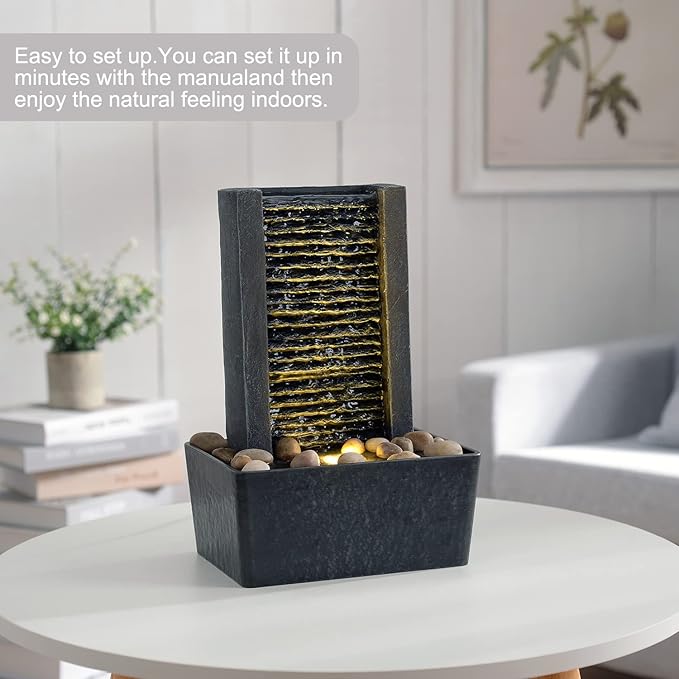 House Decorative Indoor Fountain Meditation Gurgling Water Fountain,Women Gift for Mom, Home/Office Decor with Led Light/Cobbles(180041A)