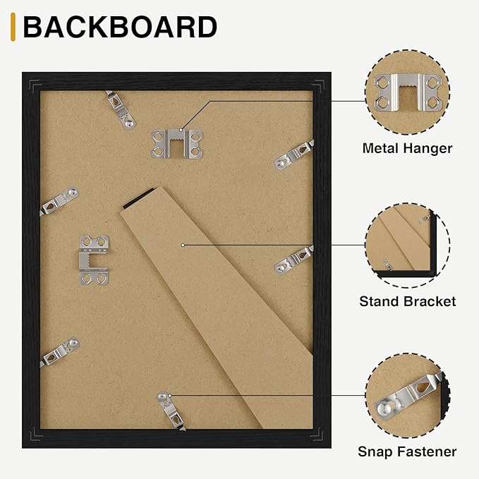 Vittanly 8x10 Picture Frames Set of 9, Shatter Resistant Plexiglass, Display 5x7 Pictures with Mat or 8x10 without Mat, Photo Frames for Wall or Tabletop, Engineered Wood, Black