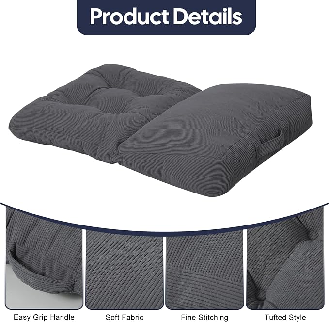 Meditation Cushion, Large Meditation Mat and Pillow for Sitting on Floor, 2-in-1 Portable Yoga Pillow, Tufted Corduroy Zabuton Cushion for Kneeling and Sitting and Knee Support, Dark Grey