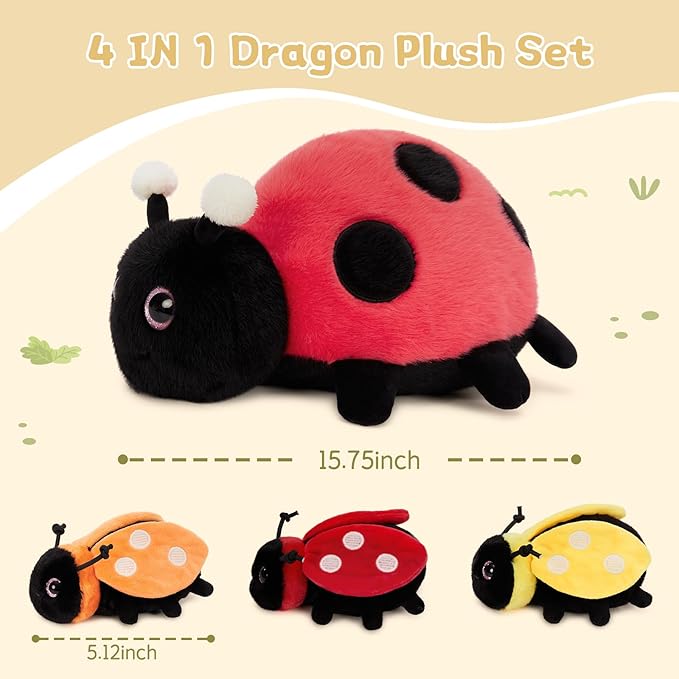 MaoGoLan 4Pcs Ladybug Stuffed Animal,Kawai Mother Ladybird Plush Toys Pillow with 3 Small Baby Lady Beetle Plushie Gift for Insect Lover,Decorations,Party Favor,Baby Shower,Glow-in-Dark Design