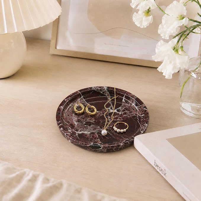 Small Natural Marble Jewelry Tray Key Plate Holder Dish Trinket Decor Catch All Bowl for Ring Earring Stone Gift for Women Daugther,Rosso Levanto,5.5"