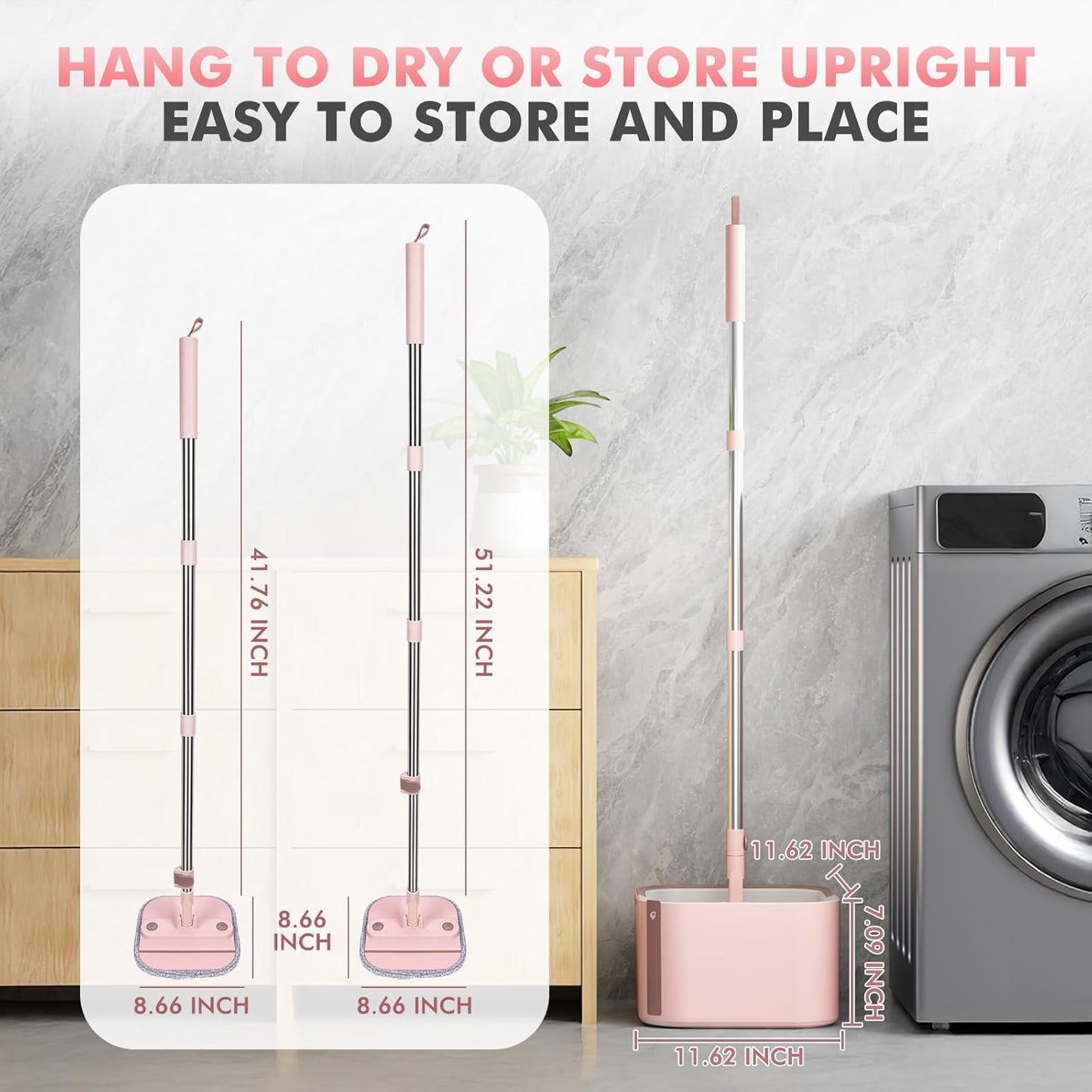 Upgraded Spin Mop and Bucket Set Self-Standing Mop Bucket Separate Dirty and Clean Water System Self Wringing 360° Rotating 90° Foldabl Mops and Buckets for Floor Cleaning (Pink, 6Pads)