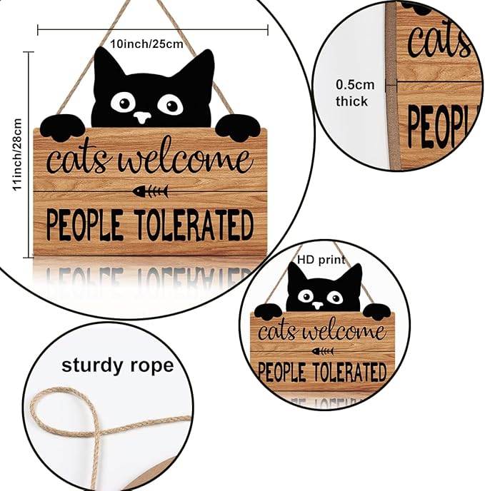 LHIUEM Funny Cat Welcome Sign,Cats Welcome People Tolerated Kitty Kitten Wooden Plaque,10X11 inches Black Cat Wall Decor, Funny wood Sign For Pet Shop Home,Cat Lover Gifts