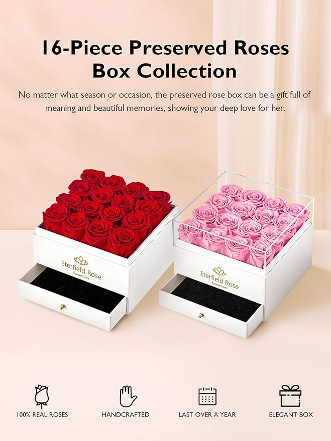Eterfield Forever Flowers Preserved Roses Real Roses That Last Over a Year Rose Box Gifts for Her Mothers Day Valentines Day Christmas (Square White Box with Drawer, 16 Pink Roses)