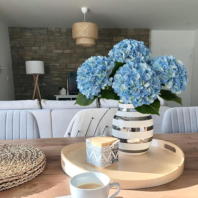 JINWOE Blue Flowers Hydrangea Artificial Flowers, 4Pcs 22" Large Lifelike Silk Artificial Hydrangeas, Full Fake Flowers for Bouquet Table Centerpieces Outdoor Wedding Indoor Home