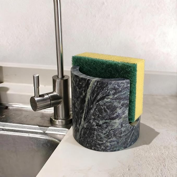 Natural Travertine Marble Sponge Holder, Stone Dish Drying Rack & Sink Organizer - Durable Kitchen Countertop Decor, Sponge Caddy with Drainage (Dark White Green)