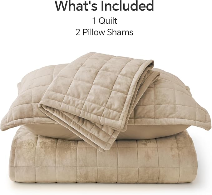 BEDELITE Velvet Quilt Set King Size - Luxury Soft Velvet Comforter Bedding Set for All Season, Lightweight Quilted Box Stitch Oversized Bedspread Coverlet with 2 Matching Shams, Taupe