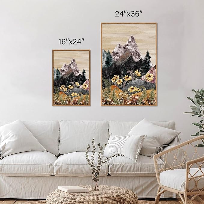 Rantodecor Boho Mountain Framed Canvas Wall Art, Western Daisy Floral Landscape Wall Decor, Rustic Fern Flowers Art Painting, Modern Fantasy Nature Sun Artwork for Bedroom Living Room Office 24"x36"x3