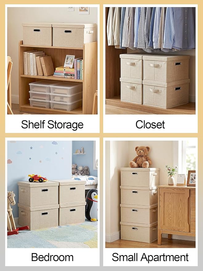 MADHOLLY 4 Pack Stackable Sturdy Dorm Room Storage Bins with Lids - 27qt Easy to Assemble Collapsible Fabric Cube Storage Boxes with Handles, Under Bed/Closet Organizers, Beige