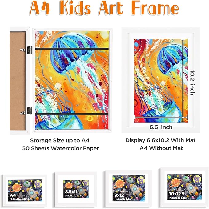 KINLINK A4 Kids Art Frame Set of 2, Solid Wood Kids Artwork Frames Changeable with Front Opening hold 150 Pictures, Art Frames for Kids Art with Mat,without Mat A4 Picture Frame White