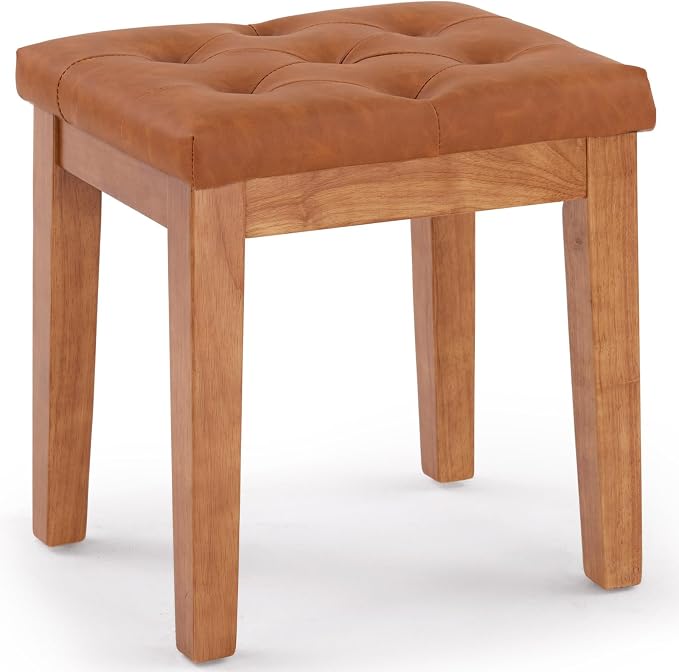 Upholstered Ottoman Stool with Padded Seat, Tufted Vanity Stool with Solid Wood Legs, Accent Stools, Faux Leather Cognac Brown