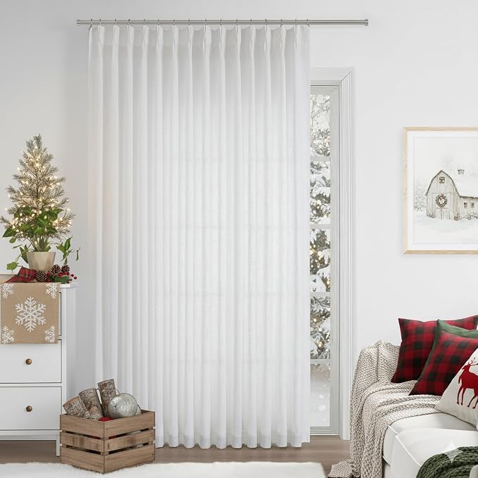 Vision Home White Pinch Pleated Semi Sheer Curtains Textured Light Filtering Window Curtains 112 inch for Living Room Bedroom Patio Rayon Blended Pinch Pleat Drapes with Hooks 1 Panel 80" Wx112 L