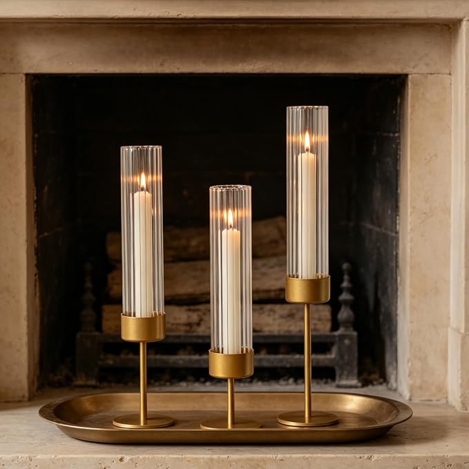 Etolies Gold Glass Hurricane Taper Candle Holders Bulk Set of 6 - Tall Ribbed Glass Cylinder Candlestick Holders for Wedding, Christmas, Party Table Centerpiece Decor,Dining Table,Housewarming Gifts