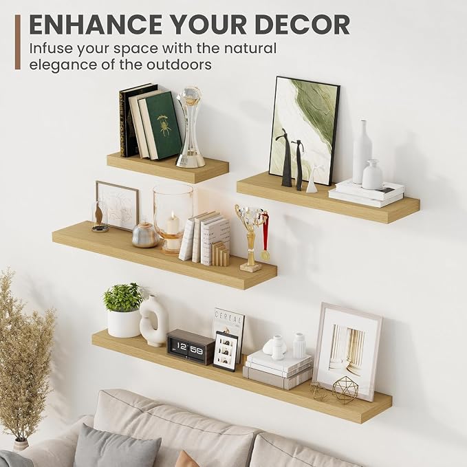 Acovy 72 Inch Floating Shelves, 8 Inch Deep Floating Shelves for Wall, Hanging Shelf with Invisible Brackets, Deep Shelves for Bathroom, Bedroom, Living Room, Oak, Set of 2