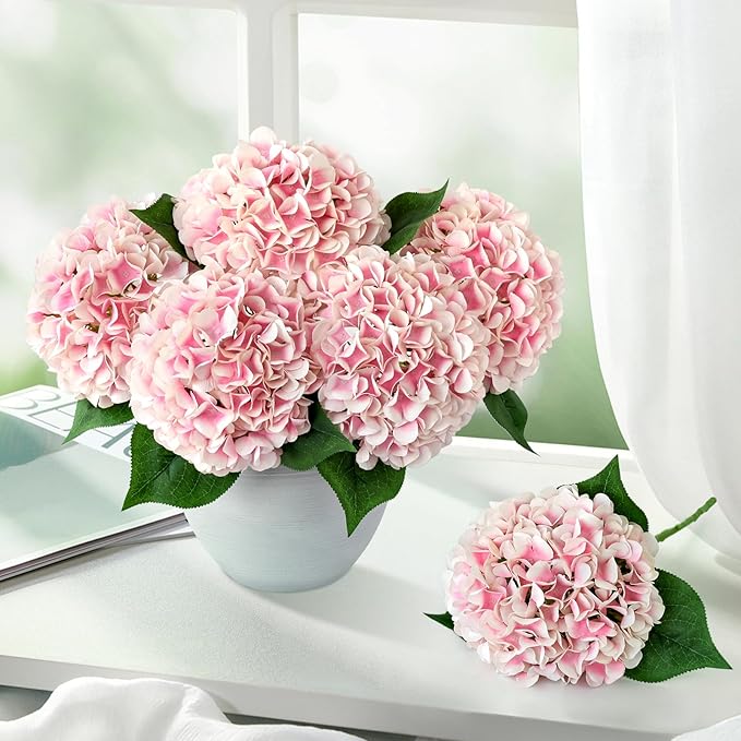 ZYTUYO 5 Pcs Pink/White Silk Hydrangeas Aritificial Flower Boho 20'' Faux Hydrangeas for Spring Indoor Home Decor Kitchen Living Room Baby Shower Outdoor Wedding Table Centerpiece