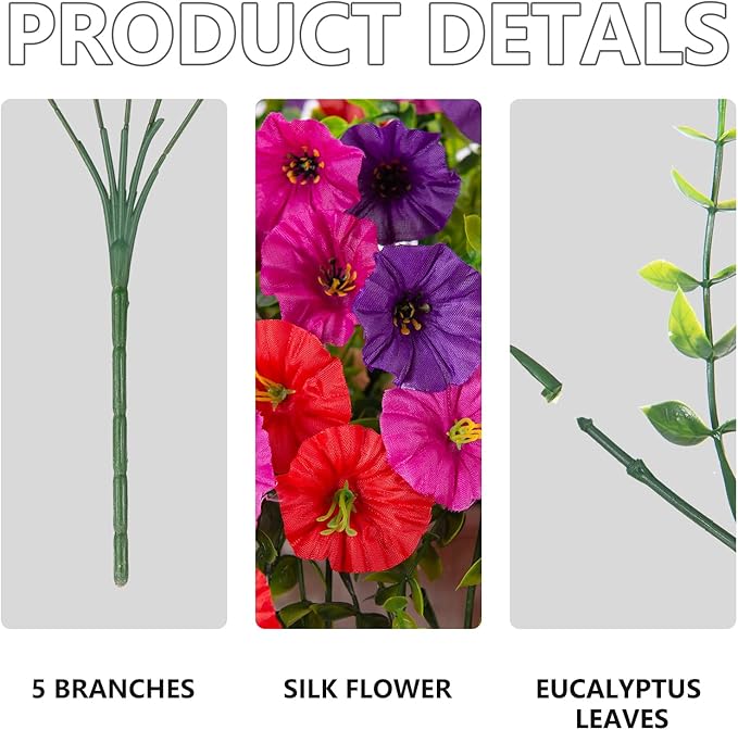 Fake Artificial Hanging Morning Glory Flowers for Outdoor Planters Porch Pation Decoration,8 Bundles UV Resistant Silk Faux Flowers with Realistic Eucalyptus Plants for Home Office Garden Decor