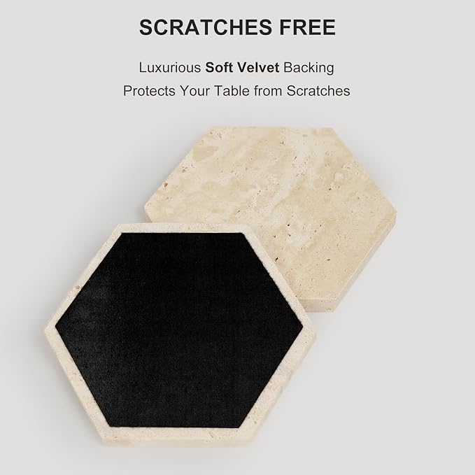 Travertine Coasters Set of 6 with Holder, Hexagonal Rustic Farmhouse Beige Marble Drink Coasters for Coffee Table Decor, Porous Stone Absorbent Coaster for Drinks, Velvet Backed