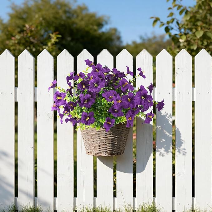 INQCMY Artificial Fake Petunias Flowers for Outdoors Spring Summer Decoration, 12 Bundles Faux Flower Plants UV Resistant Purple Realistic Silk Flower for Outside Planters Patio Porch Yard Window Box